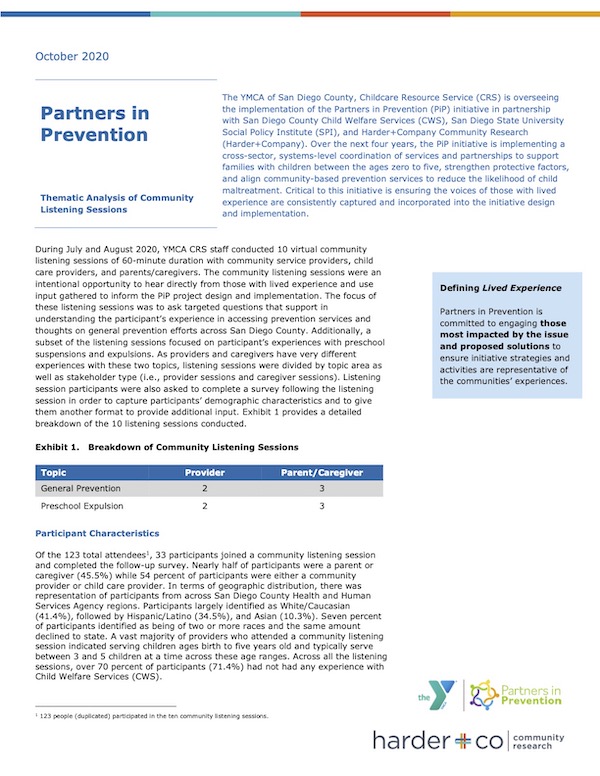 Here is a snippet of this downloadable PDF: The YMCA of San Diego County, Childcare Resource Service (CRS) is overseeing the implementation of the Partners in Prevention (PiP) initiative in partnership with San Diego County Child Welfare Services (CWS), San Diego State University Social Policy Institute (SPI), and Harder+Company Community Research (Harder+Company). Over the next four years, the PiP initiative is implementing a cross-sector, systems-level coordination of services and partnerships to support families with children between the ages zero to five, strengthen protective factors, and align community-based prevention services to reduce the likelihood of child maltreatment. Critical to this initiative is ensuring the voices of those with lived experience are consistently captured and incorporated into the initiative design and implementation. Please download the PDF to read more.
