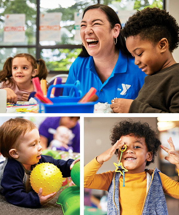 preschool collage with staff and children playing