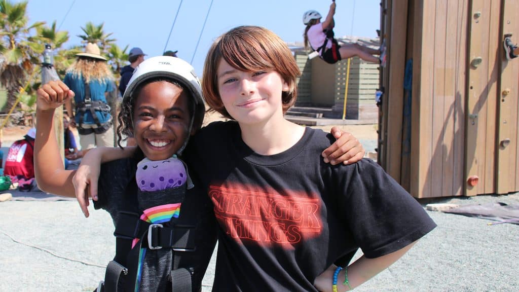 camp kids at climbing tower